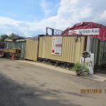 The final product of the container cleaning and repainting at the entrance to the railway. Many thanks go to the Nationwide Building Society volunteers who did the work on 29th July 2015. The colours used are the correct railway shades as defined in British Standard BS381C. The biscuit is BS381C.369 and the mid brown used on the framing is BS381C.411. Photo: Grahame Every.