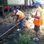Nationwide Building Society volunteers Paul tightens a fish plate bolt at Pitsford Sidings. Note: No trains were in motion and railway volunteer working members were present ensuring the safety systems were in place. Photo: D.Millard