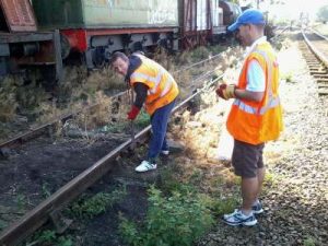Nationwide Building Society volunteers Paul tightens a fish plate bolt at Pitsford Sidings. Note: No trains were in motion and railway volunteer working members were present ensuring the safety systems were in place. Photo: D.Millard