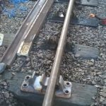 We were soon dismantling the track, and quickly had the old check rails unkeyed and removed and were soon removing plain chairs and substituting for the correct handed check rail chairs. Nearest the photographer is a new CCL (left hand check rail chair). This was only cast in 2014 and the society track fund purchased a total of 15 check rail chairs to enable this renewal to take place and finish an outstanding installation task elsewhere. They’ve been stored under lock and key indoors so haven’t rusted yet. You don’t normally see chairs like this on the running line. It will not be long before they rust in the rain! We were due a downpour and gale a few hours later – before we had finished the job! Photo: Graham Peacock