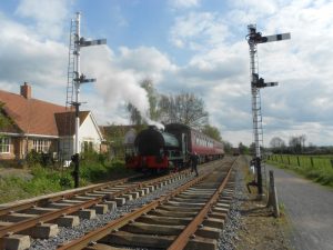 Peckett 2104 is see standing at the Boughton platform starter signal for the first time on the 6th of May 2012. Photo: G.R. Titmuss