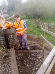 Henry Rivett testing out the new steps at the north end of Bridge 11 on 07 April 2019 Photo credit Graham Peacock